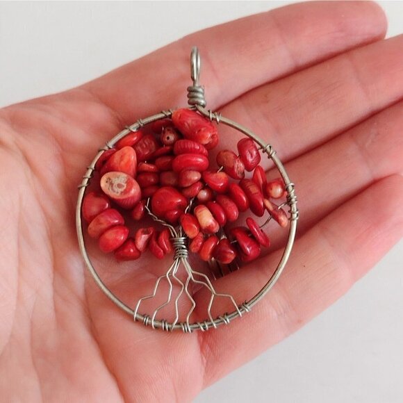 Tree Of Life Wire Wrap Pendant Red Stone Silver Tone - Picture 2 of 4